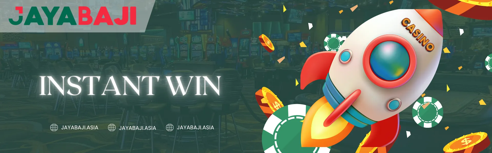JayaBaji Instant Win Nepal – Promotional banner featuring a casino-themed rocket, poker chips, and confetti against a gaming floor background, representing fast-win online games on JayaBaji.
