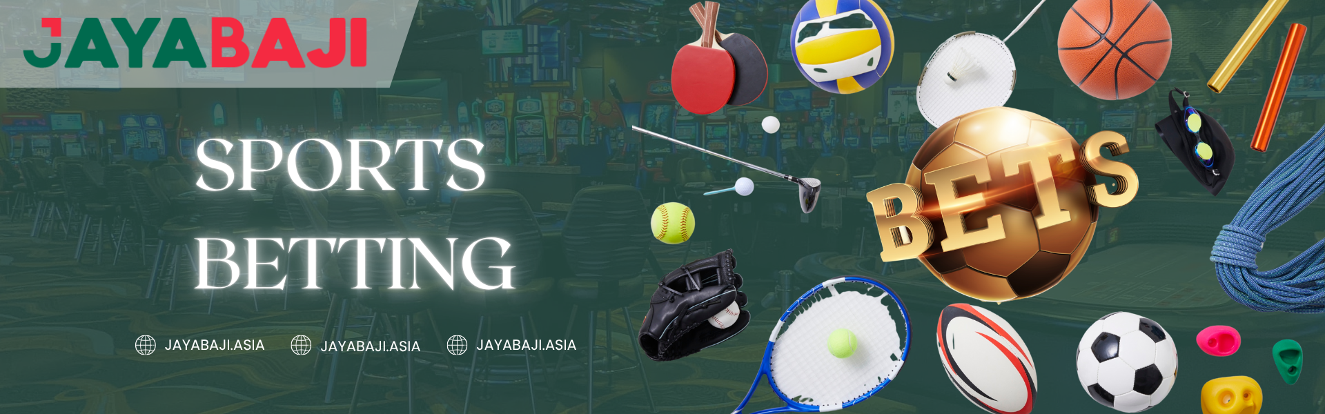 ayaBaji Sports Betting in Nepal – Promotional banner showing various sports equipment such as football, basketball, tennis racket, golf club, and volleyball, symbolizing different betting options on the JayaBaji.asia platform.