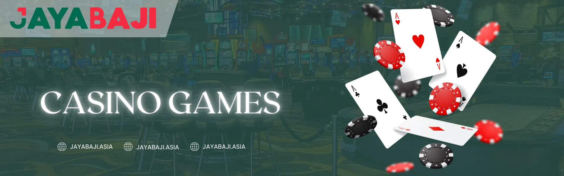 A colorful JayaBaji Nepal casino banner featuring poker cards, chips, and a casino floor background promoting online casino games.