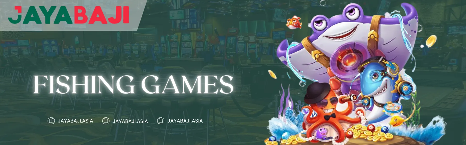 JayaBaji Fishing Games Nepal – Colorful cartoon sea creatures including a shark, octopus, and whale in front of a casino background, promoting online fishing game battles at JayaBaji.