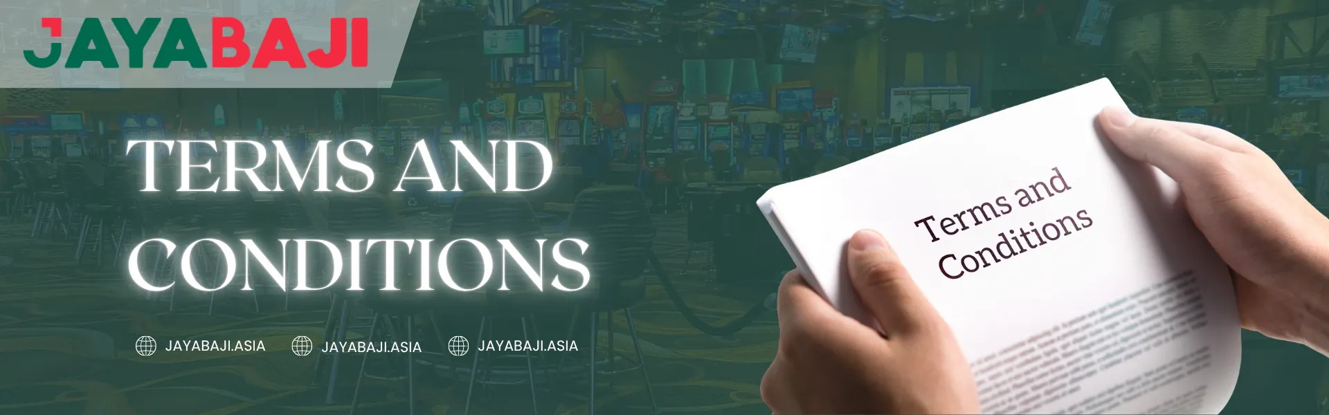 JayaBaji Nepal Terms and Conditions banner showing a person holding a document labeled Terms and Conditions inside a casino background.
