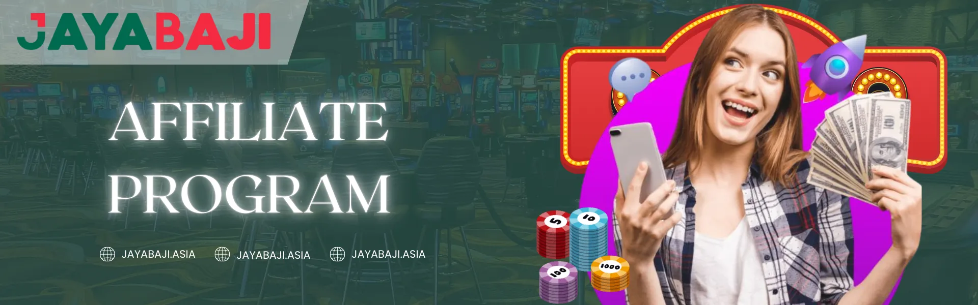 Jayabaji affiliate program in Nepal showing a happy woman holding a smartphone and cash, symbolizing online referral earnings, commissions, and partner rewards.