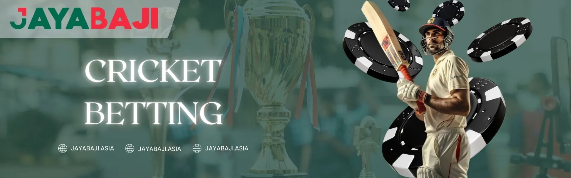 Promotional banner for Jayabaji cricket betting featuring a cricket player holding a bat, poker chips in the background, and a trophy, with the text “Cricket Betting” and Jayabaji Asia branding.