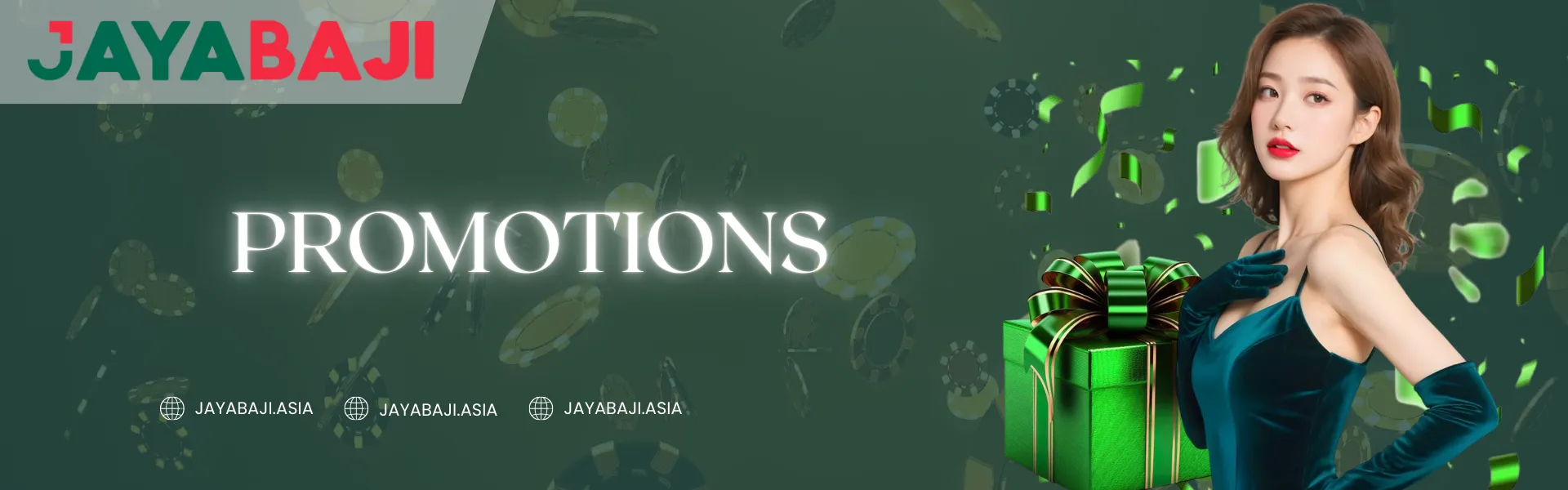 A promotional banner for Jayabaji featuring a woman in a green dress next to a large green gift box. The word "PROMOTIONS" is centered in glowing white text against a dark green background filled with floating casino chips and green confetti. The Jayabaji logo and website URL (JAYABAJI.ASIA) are clearly displayed.