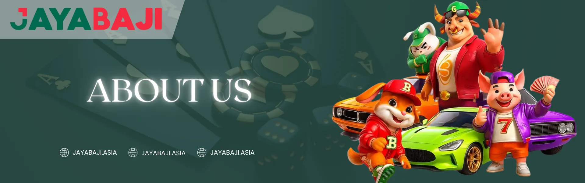 Jayabaji About Us banner featuring colorful cartoon mascots including a bull, rabbit, and pig standing in front of sports cars, with a green casino-themed background showing card suit icons and the text “About Us” and Jayabaji branding.